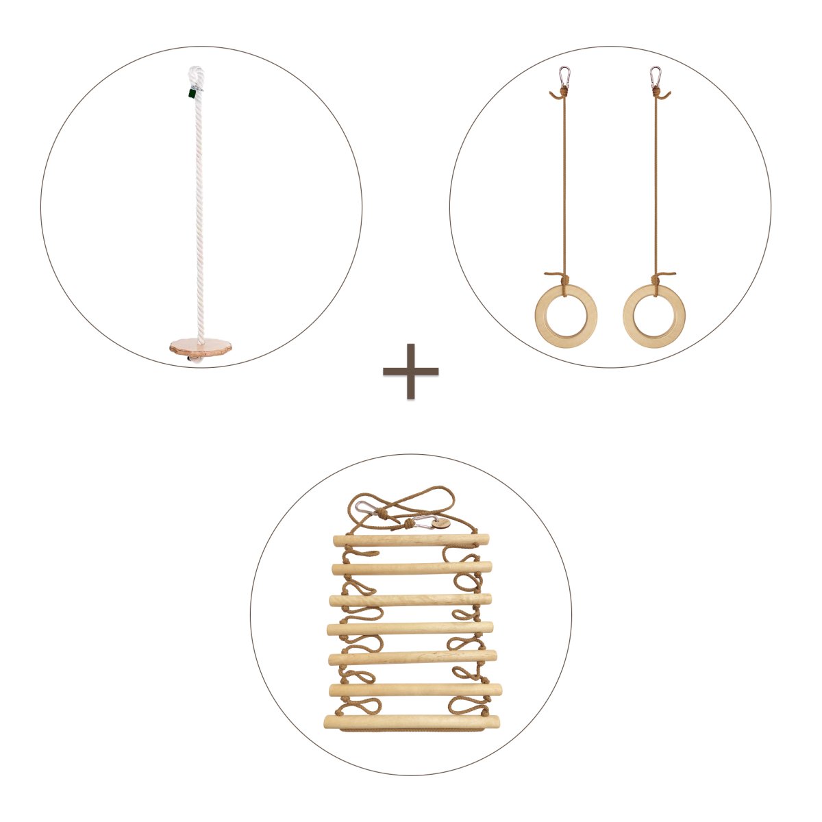 3-in-1 Swings Set: Rope Ladder + Gymnastic Rings + Disc Rope Swing