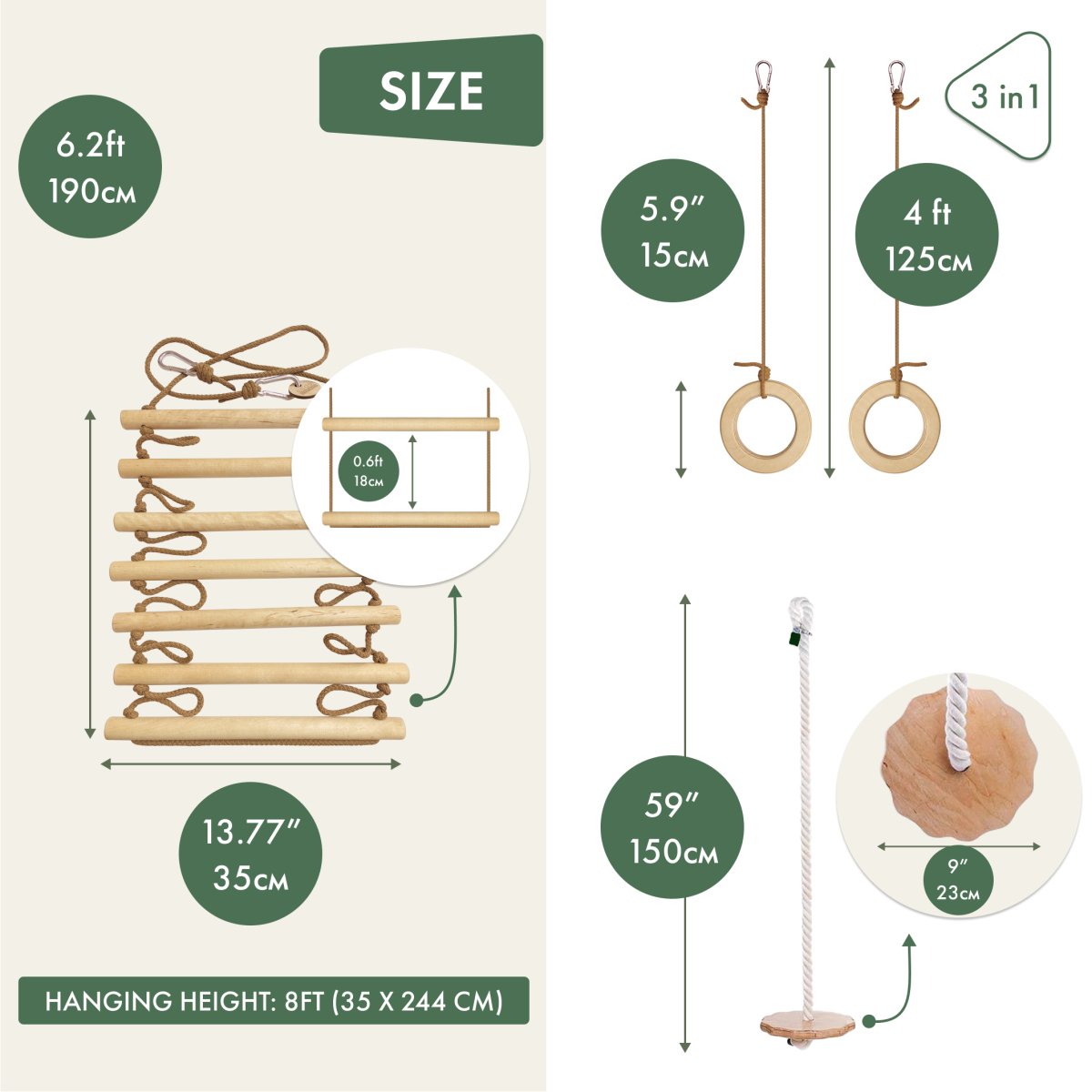 3-in-1 Swings Set: Rope Ladder + Gymnastic Rings + Disc Rope Swing