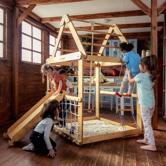 3-in-1 Wooden Playhouse with Swings and Seesaw