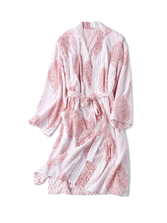 Women's Block-Printed Reversible Robe - Pink City