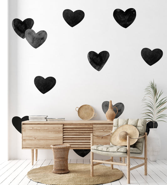 Watercolor Black Hearts Wall Decals